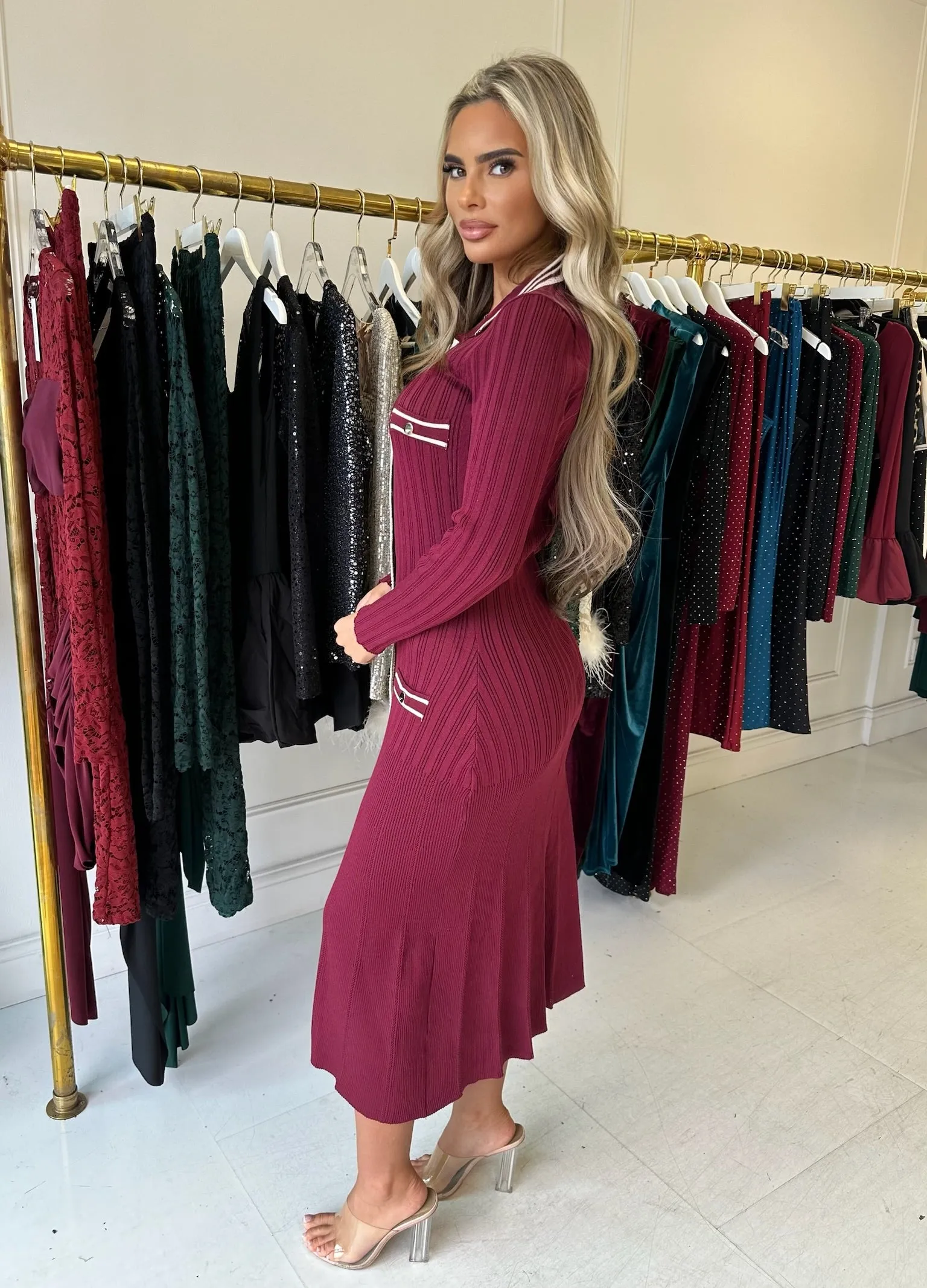 ZOEIVER BURGUNDY GOLD BUTTON DRESS